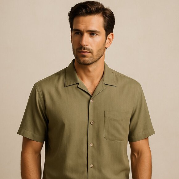 Tommy Bahama Olive Green 100% Silk Short Sleeve Button-Up Shirt - Size XL - Picture 1 of 13